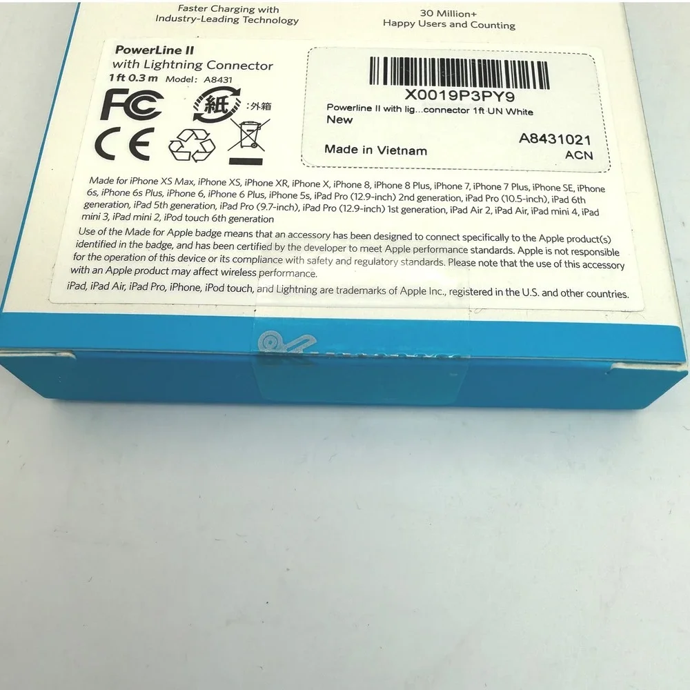 Anker PowerLine II Lightning Cable 1ft 0.3m White MFi Certified NEW Sealed A8431